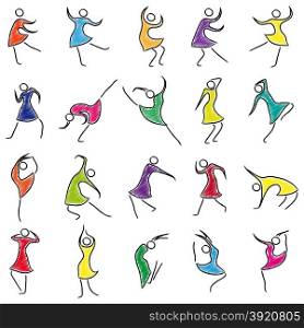 Set of twenty abstract female dancers, sketching colored cartoon vector illustration