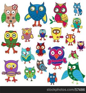 Set of twenty amusing colorful owls, cartoon vector illustration isolated on the white background