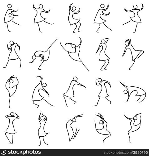 Set of twenty dancing abstract women, sketching black and white cartoon vector illustration
