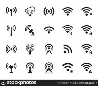 Set of twenty different black vector wi-fi and wireless icons for communicate using radio waves, remote access, wireless