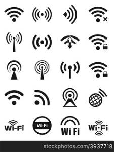 Set of twenty different black vector wireless and wifi icons for remote access and communication via radio waves