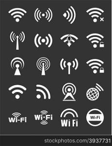 Set of twenty different white vector wireless and wifi icons for remote access and communication via radio waves