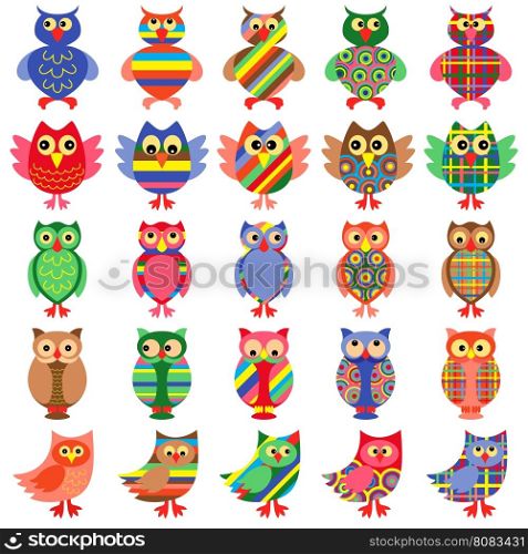 Set of twenty five amusing colorful vector ornamental motley owls isolated on the white background