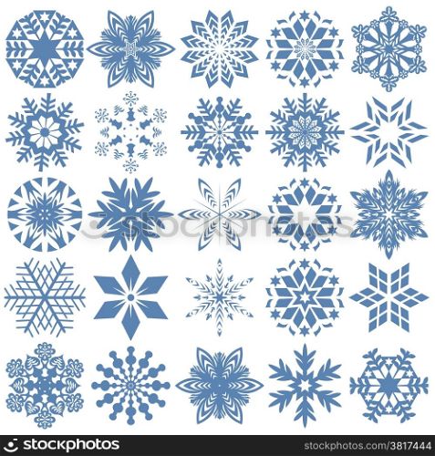 Set of twenty five blue snowflakes over white, hand drawing vector design elements