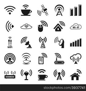 Set of twenty five different black vector wireless and wifi icons for remote access and communication via radio waves