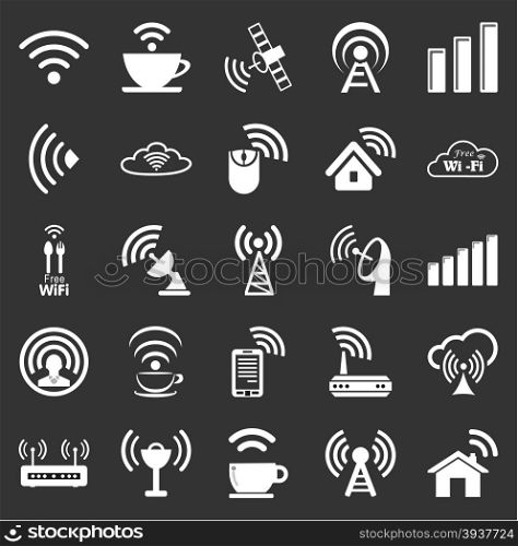 Set of twenty five different white vector wireless and wifi icons for remote access and communication via radio waves