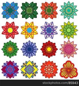 Set of twenty five stylized color flowers, vector illustrations isolated on the white background