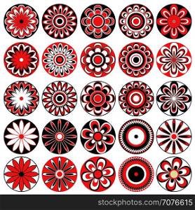 Set of twenty five symmetrical stylized vector flowers in black, white and red colors isolated on the white background