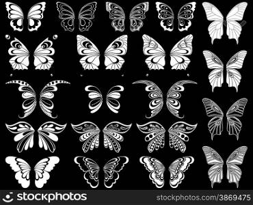 Set of twenty white ornamental stencils of beautiful butterflies isolated on a black background, hand drawing vector illustration