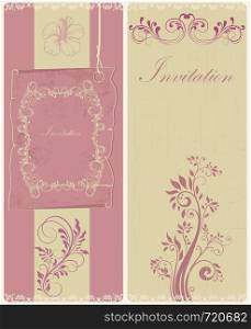 Set of two (2) vintage invitation cards with ornate elegant retro abstract floral design, beige and light pink flowers and leaves on light pink and beige background with text label. Vector illustration.