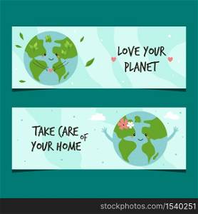 Set of two banners with Earth planet. Love your planet concept. Vector illustration. Set of two banners with Earth planet. Love your planet concept.