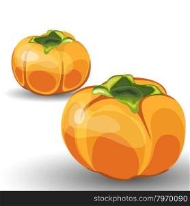 Set of Two Beautiful Glossy Orange Persimmon over White Background. Cute Icons Suitable For Creating Food, Thanksgiving Day, Harvest Day Designs. Vector Illustration.