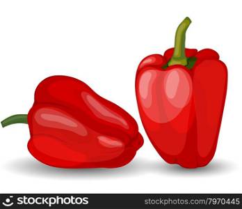 Set of Two Beautiful Glossy Red Peppers over White Background. Cute Icons Suitable For Creating Food, Fall, Thanksgiving Day, Harvest Day Designs. Vector Illustration.