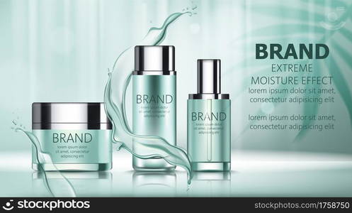 Set of two bottles and a box with cosmetics with place for text surrounded by water lines. Extreme moisture effect. Product placement. 3D mockup. Vector. Set of two bottles and a box with cosmetics with place for text surrounded by water lines. Extreme moisture effect. Realistic