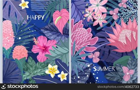 Set of two cards with tropical leaves and ginger and protea flowers, hand drawn vector art
