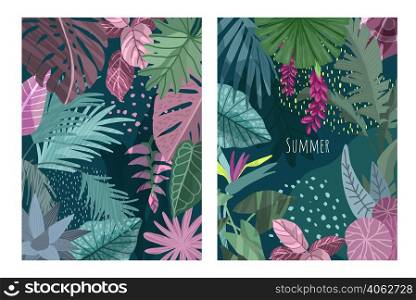 Set of two cards with tropical leaves. Hand drawn vector art.
