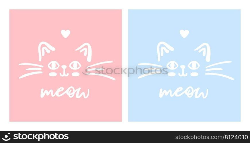 Set of two cute cat faces meow vector doodle illustration isolated on blue and pink background with lettering meow. Children baby nursery pastel poster for boy or girl