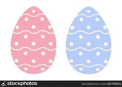 Set of two Easter eggs in trendy pink and blue with a simple pattern of wavy lines and dots. Happy Easter. Holiday. Sticker. Icon. Isolate. Design for poster, banner or greeting, price tag, label. EPS