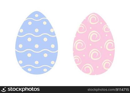 Set of two Easter eggs in trendy pink and blue with abstract pattern of wavy lines, dots and roses. Happy Easter. Sticker. Icon. Isolate. Design for poster, banner, brochure or greeting, label. EPS