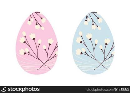 Set of two Easter eggs with pattern of cherry branches entangled with thin threads in trendy soft shades pink and blue. Sticker. icon. Isolate. Design for poster, banner, brochures or greeting, price