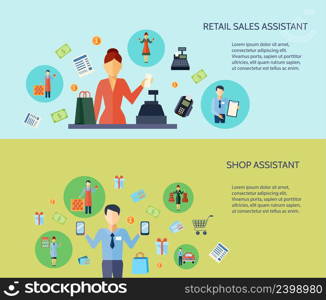 Set of two flat horizontal banners with text presenting retail sales assistant and shop assistant vector illustration. Two Flat Salesman Baner