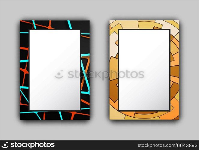 Set of two frames of dark light hues, with back and yellow colors, crossing lines and circle icons vector illustration isolated on white. Set of Two Frames Dark Light Vector Illustration
