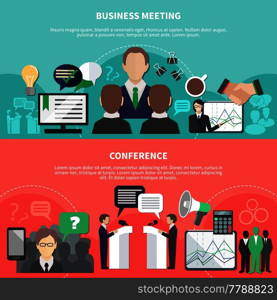 Set of two horizontal business meeting banners with editable text and flat images symbols and pictograms vector illustration. Conference Horizontal Banners Collection