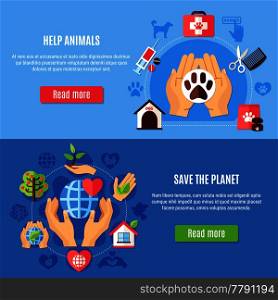 Set of two horizontal charity banners with veterinary equipment and environmental protection symbols with read more button vector illustration. Vet Care Banners Collection