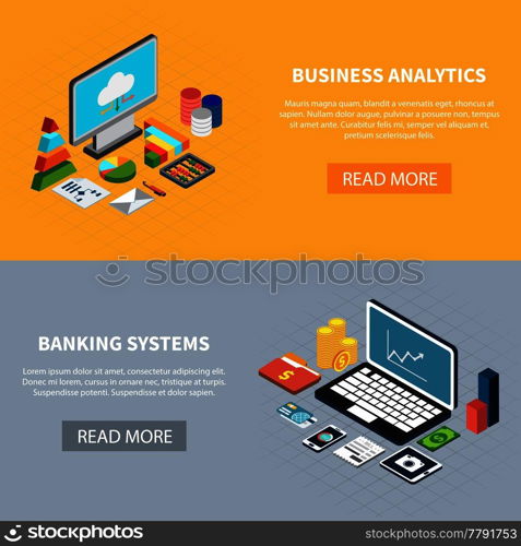 Set of two horizontal data isometric banners with laptop computer and money icons with read more button vector illustration. Data Isometric Banners Set