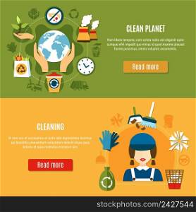 Set of two horizontal garbage banners with cleaning icons and recycling pictograms with read more buttons vector illustration. Green Planet Cleaning Banners
