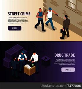 Set of two horizontal isometric criminal banners with buttons text and characters of cosh boys pushers vector illustration