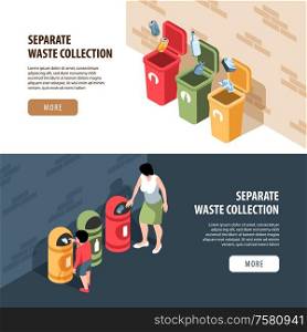 Set of two horizontal isometric garbage waste recycling banners with editable text more button and people vector illustration