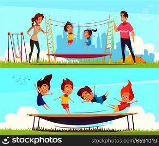 Set of two horizontal jumping trampolines banners with human characters of teenager friends and family members vector illustration. Family Attractions Banners Collection