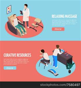 Set of two horizontal massage therapy isometric background banners with editable text buttons and human characters vector illustration