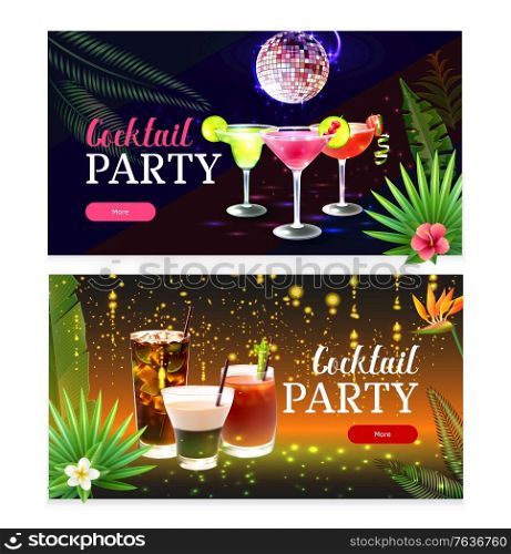 Set of two horizontal party cocktail banners with glasses of drinks and fireworks realistic isolated vector illustration