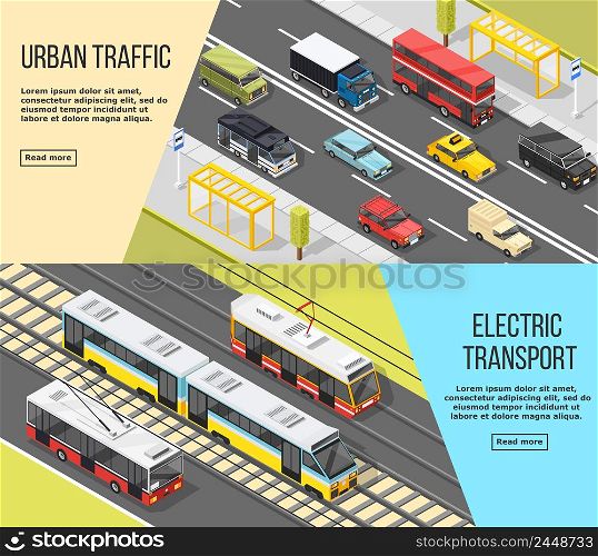 Set of two horizontal transport banners with isometric images of electric transport and urban traffic vehicles vector illustration. City Transport Banners Set