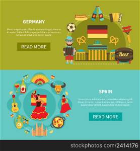 Set of two horizontal travel banners with flat image compositions of german and spanish national characters vector illustration. Germany Spain Banners Set