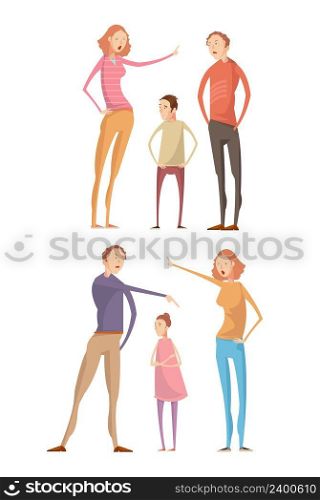 Set of two isolated compositions with adult parents characters abusing their unhappy children having family quarrel vector illustration. Parents Abuse Child Compositions