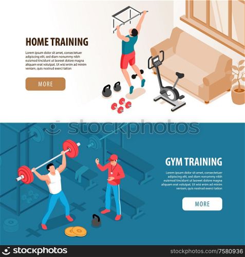 Set of two isolated isometric fitness sport banners with domestic and gymnasium views people and text vector illustration