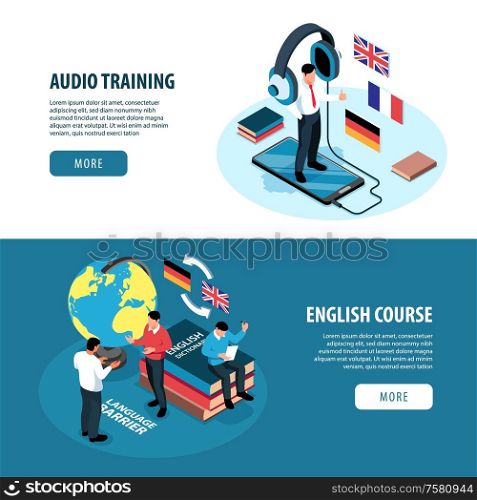 Set of two isometric language training center hotizontal banners with images of books flags and people vector illustration