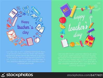 Set of Two Pics Teachers Day Vector Illustration. Set of two pictures on teachers day celebration theme with backpack, scissors and numbers, formulas and pens icons vector illustration