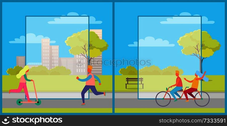 Set of two posters with people riding bike and kick scooter. Vector illustration with people doing sport in city park with frames for text in center. Set of Posters with People Having Fun in City Park