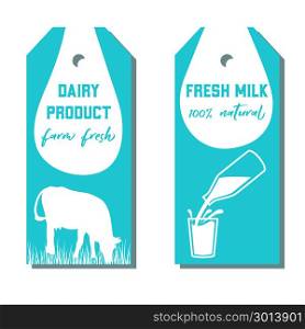 Set of two tags with milk symbol. Cow, Milk pouring from a bottle in glass.. Set of two tags with milk symbol. Cow, Milk pouring from a bottle in glass. Silhouettes on Blue background. Concept idea for diary, Cattle farm. For logo, tag, advertising, prints, design, label