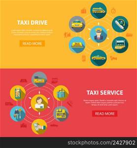 Set of two taxi horizontal banners with read more button text and round taxicab drive icons vector illustration. Taxi Company Horizontal Banners