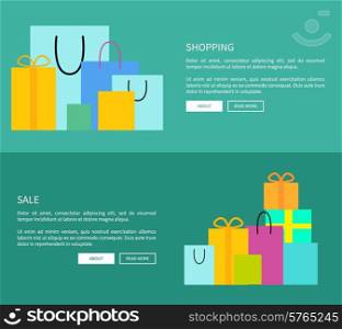 Set Of Two Web-pages Shopping Vector Illustration. Set consisting of two web-pages dedicated to shopping theme representing bags and presents, headline and text as well as buttons vector illustration