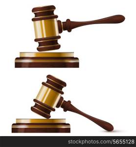Set of two wooden gold hammer of the judge. Isolated. Vector illustration.