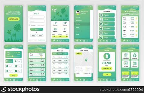 Set of UI, UX, GUI screens Ecology app flat design template for mobile apps, responsive website wireframes. Web design UI kit. Ecology Dashboard.