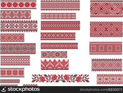 Set of Ukrainian ethnic patterns for embroidery stitch in red and black