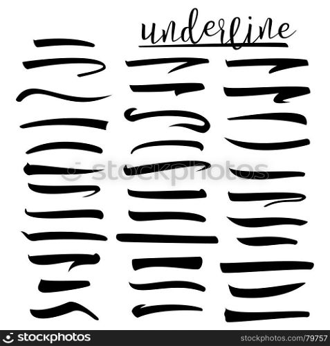 Set of underlines lettering lines, vector illustration Handwritten Mark.. Set of hand lettering underlines lines isolated on white, vector illustration Pen Line.
