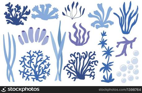 Set of underwater blue color coralss. Reef nature marine elements. Aquatic vector illustration. Set of underwater color coral icons. Reef nature marine, aquatic vector illustration